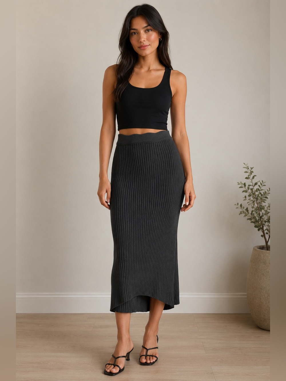 A New Day Ribbed Knit Midi Skirt Black Women’s Small Stretch